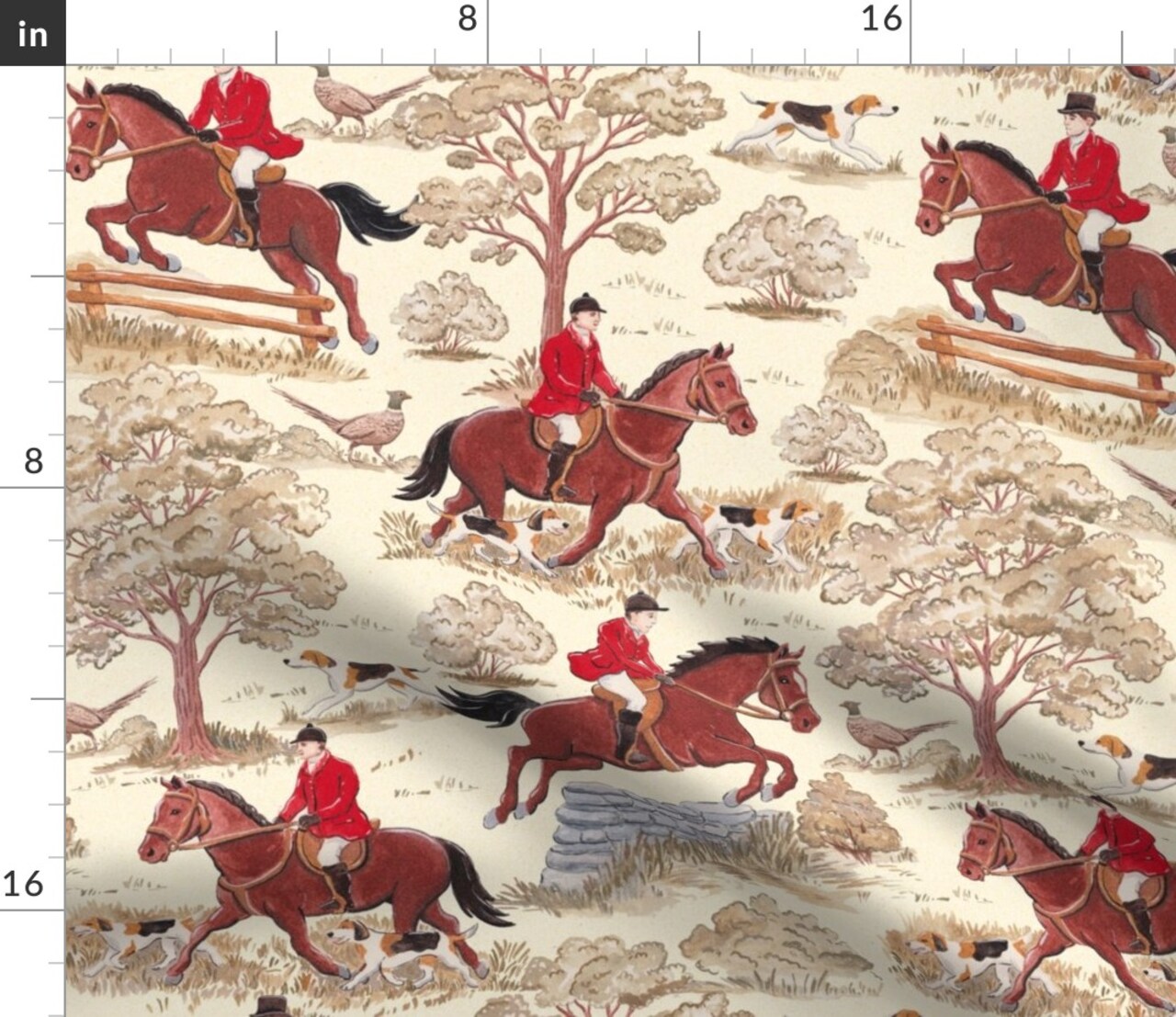 Horses Hunting Fox Hunt Toile English Countryside Rustic Traditional Classic Hunt Equestrian Custom Printed Fabric by Spoonflower Various Fabrics by the Yard or Fat Quarter